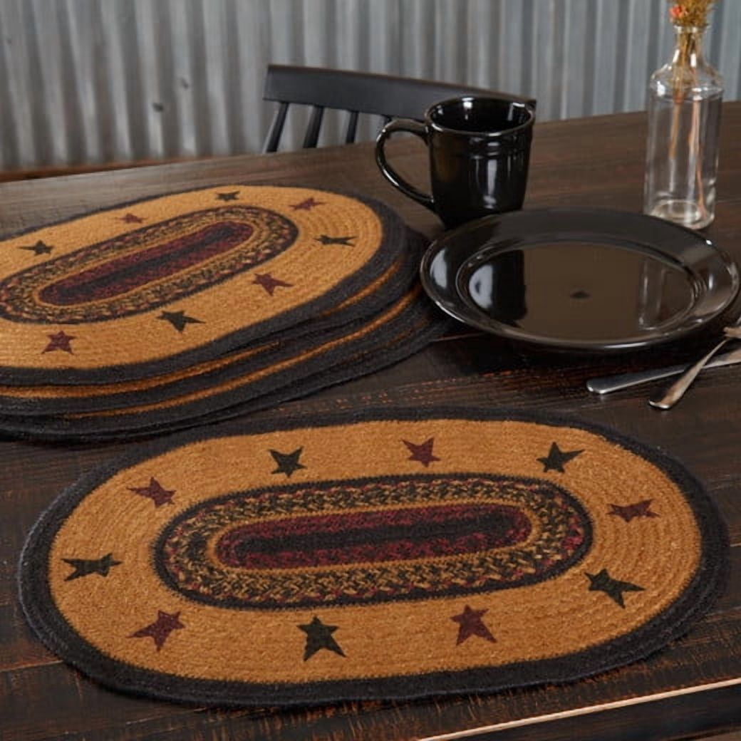 VHC Brands Heritage Farms Star Jute Placemat Set of 6 12x18 Primitive Country Braided Kitchen Tabletop Design, Tan