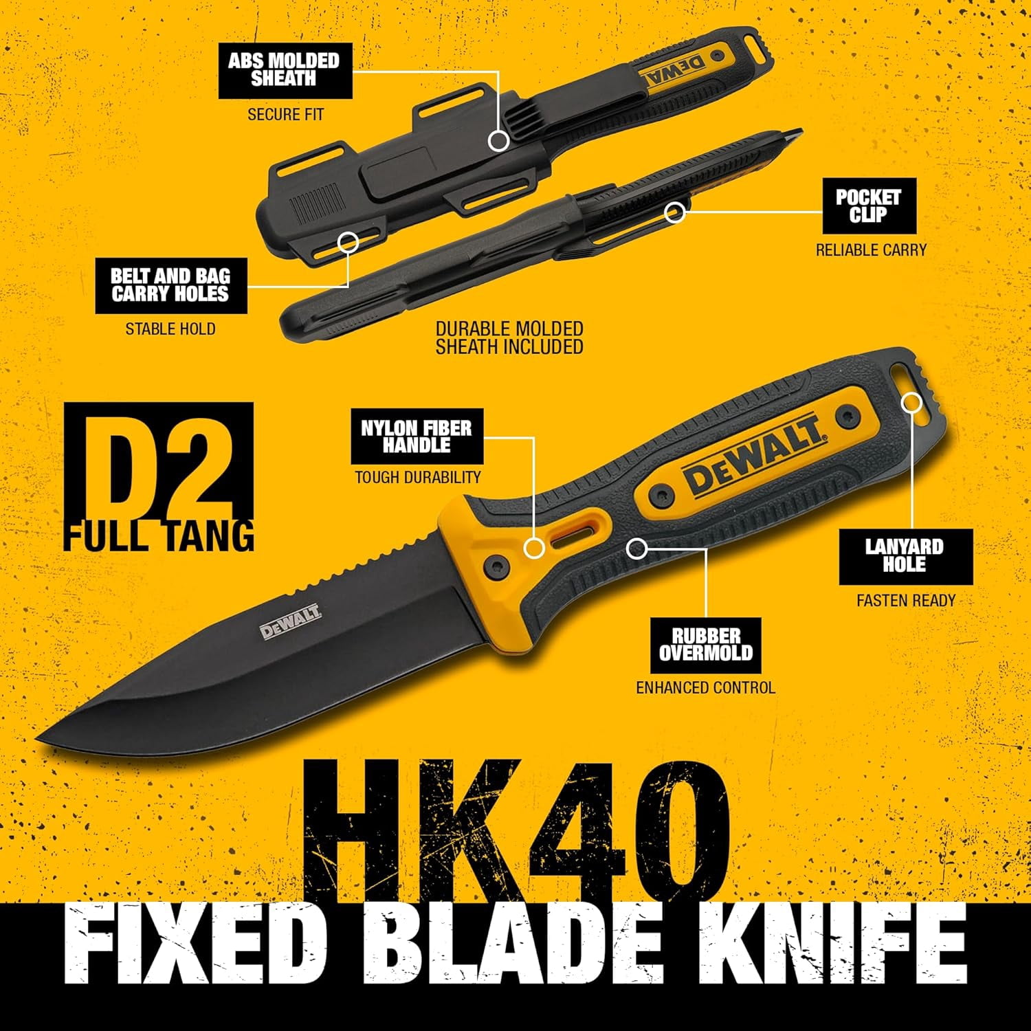 DEWALT 10-Inch D2 Steel Fixed Blade Knife with Full Tang Construction and Ergonomic Rubber Grip – Outdoor and Jobsite Utility Knife with Molded Sheath