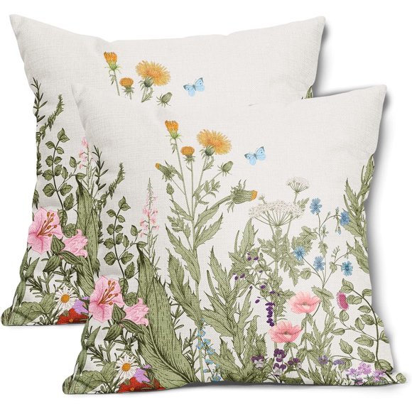 Housses de Coussin Printemps Été Lot de 2 16x16 Pouces Feuilles Vertes Sauge Plante Housses de Coussin avec Design Floral Papillon Bleu pour Décoration Maison Ferme Parfait pour Chambre Extérieure Porche Patio