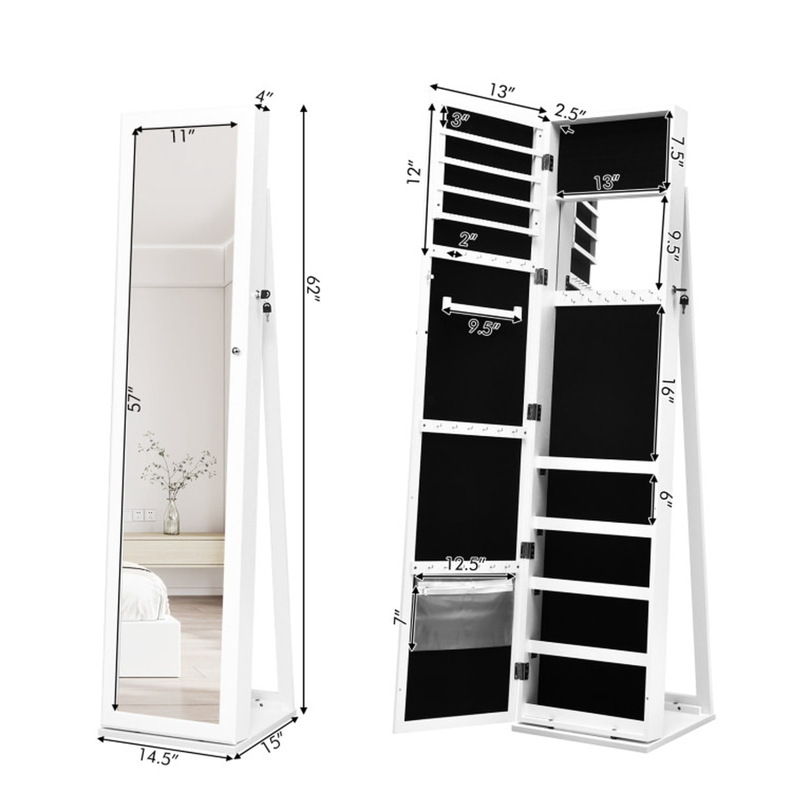Furnibear Standing Lockable Jewelry Storage Organizer with Full-Length Mirror for Bedroom Dressing Room Jewelry Necklace Rings Storage Mirror, White