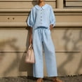 thumbnail image 2 of UDAUDU Womens Casual Linen 2 Piece Set Casual Collar Top And Wide Leg Pants Summer Outfit Sky Blue M, 2 of 5