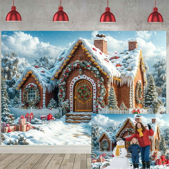 5X3FT Christmas Gingerbread House Backdrop, Winter Christmas Village Candy Snowy Landscape Photography Background, Xmas Eve Kids Party Banner Decor Portrait Photo Booth Props