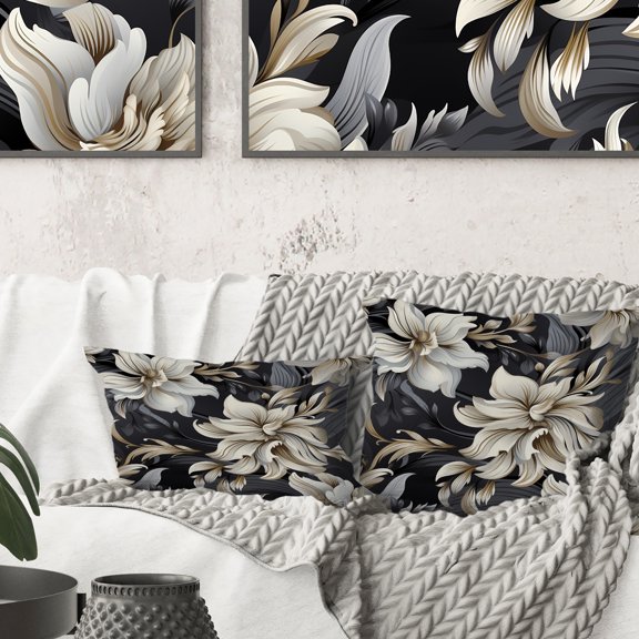 Designart "Floral Elegance in Black and Silver" Glam Printed Throw Pillow