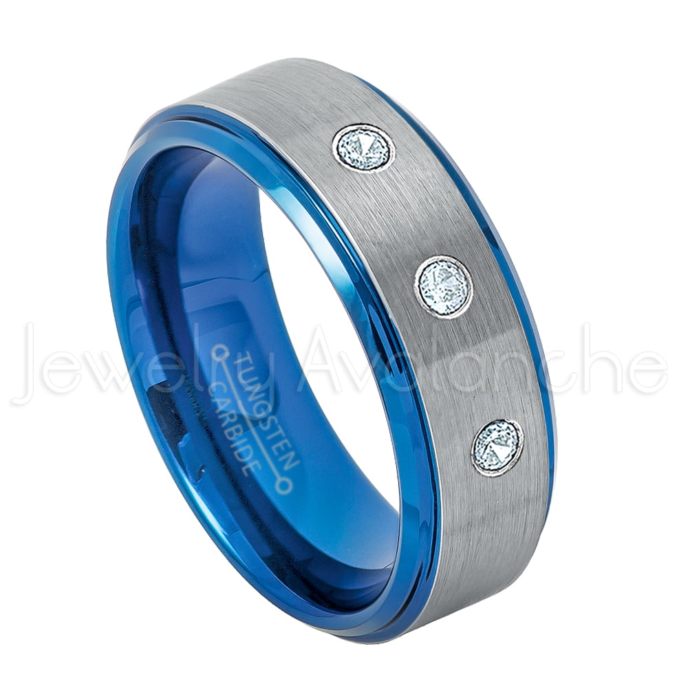 8mm Brushed Comfort Fit Dome Tungsten Carbide Ring Tungsten Wedding Ring March Birthstone Ring 0.21ctw Aquamarine & Diamond 3-Stone WeddingBand 