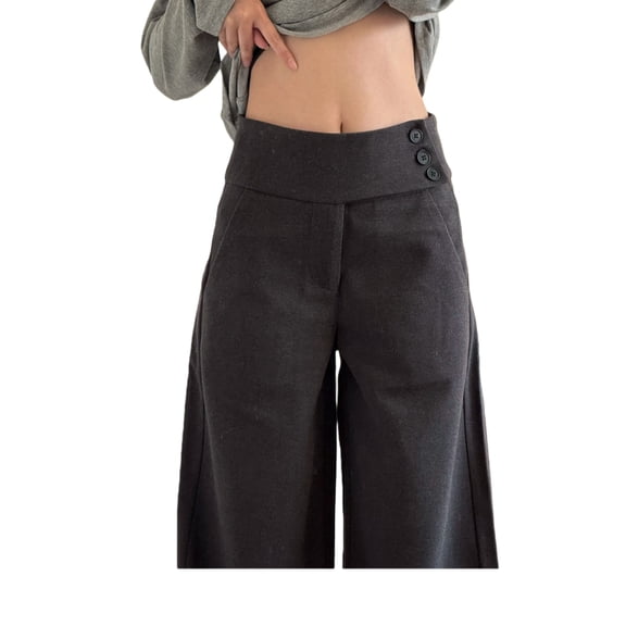 Low Rise Button Front Wool-Blend Wide Leg Pants for Women, Relaxed Drape Trousers