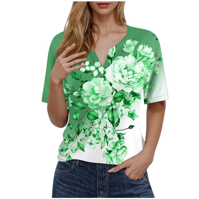 Blusas de Manga Corta para Mujeres Impresas Cuello Redondo Casual, Top de Algodón de Imitación para el Hogar Y el Uso Diario