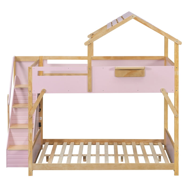 Full over Full House-Shaped Bunk Bed with Roof & Stairs, Kids Bed Frame with 3-Color LED Lights & Bedside Storage Shelf