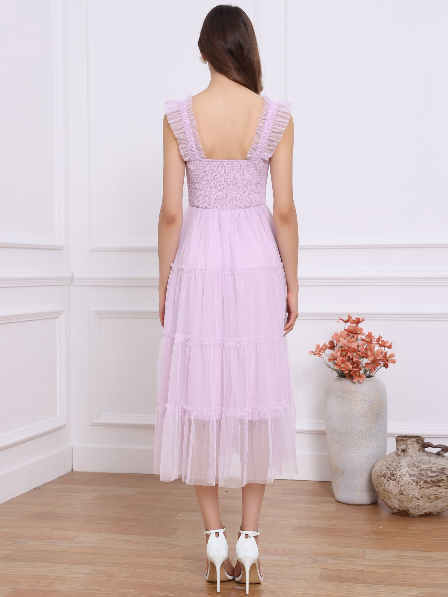 DARING DIVA Women's Summer Tulle Sleeveless Smocked Square Neck Dress L Light Purple