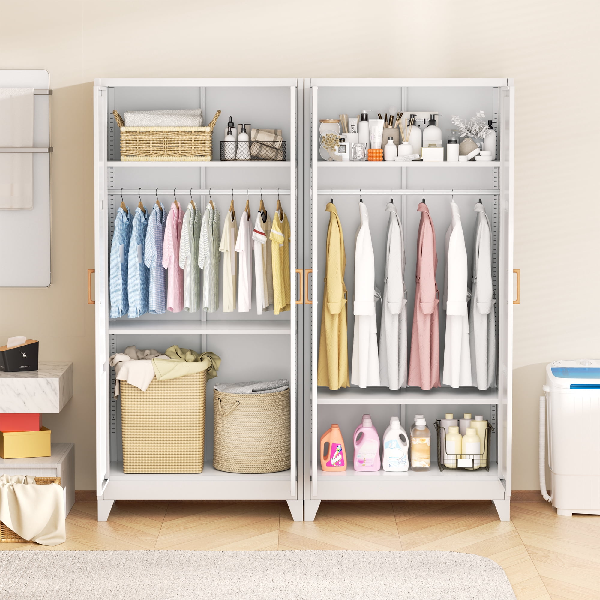SUNCROWN Metal Wardrobe Cabinet with Wooden Handle, 72" Metal Wardrobe Closet with Hanging Rods and Adjustable Shelves, Steel Storage Locker Closet for Home, Office, Employee, Gym (White)