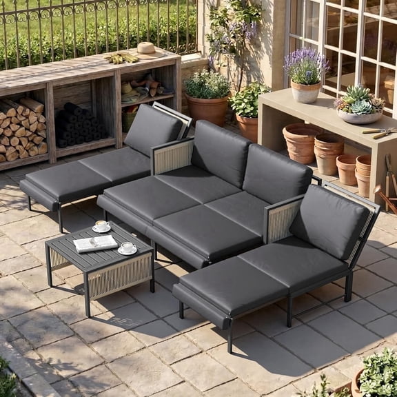 YODOLLA 5-Piece Patio Furniture Sets with 2 Convertible Lounge Chairs & Coffee Table , Modular Outdoor Furniture with Foldable Recliners, Patio Conversation Set in Dark Gray