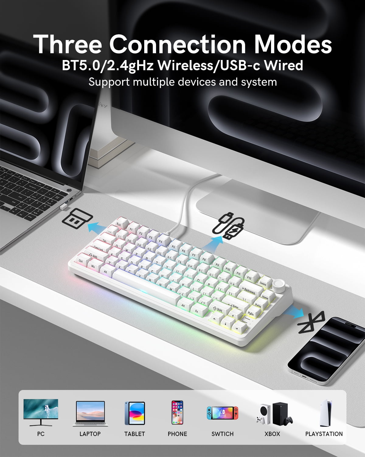 COSTOM 75% Wireless Mechanical Keyboard with Knob, Tri-Mode BT5.0/2.4GHz/USB-C Hot Swappable Computer Keyboard, Gasket Mount, Pre-lubed Linear Switches, RGB Backlit Gaming Keyboards, White