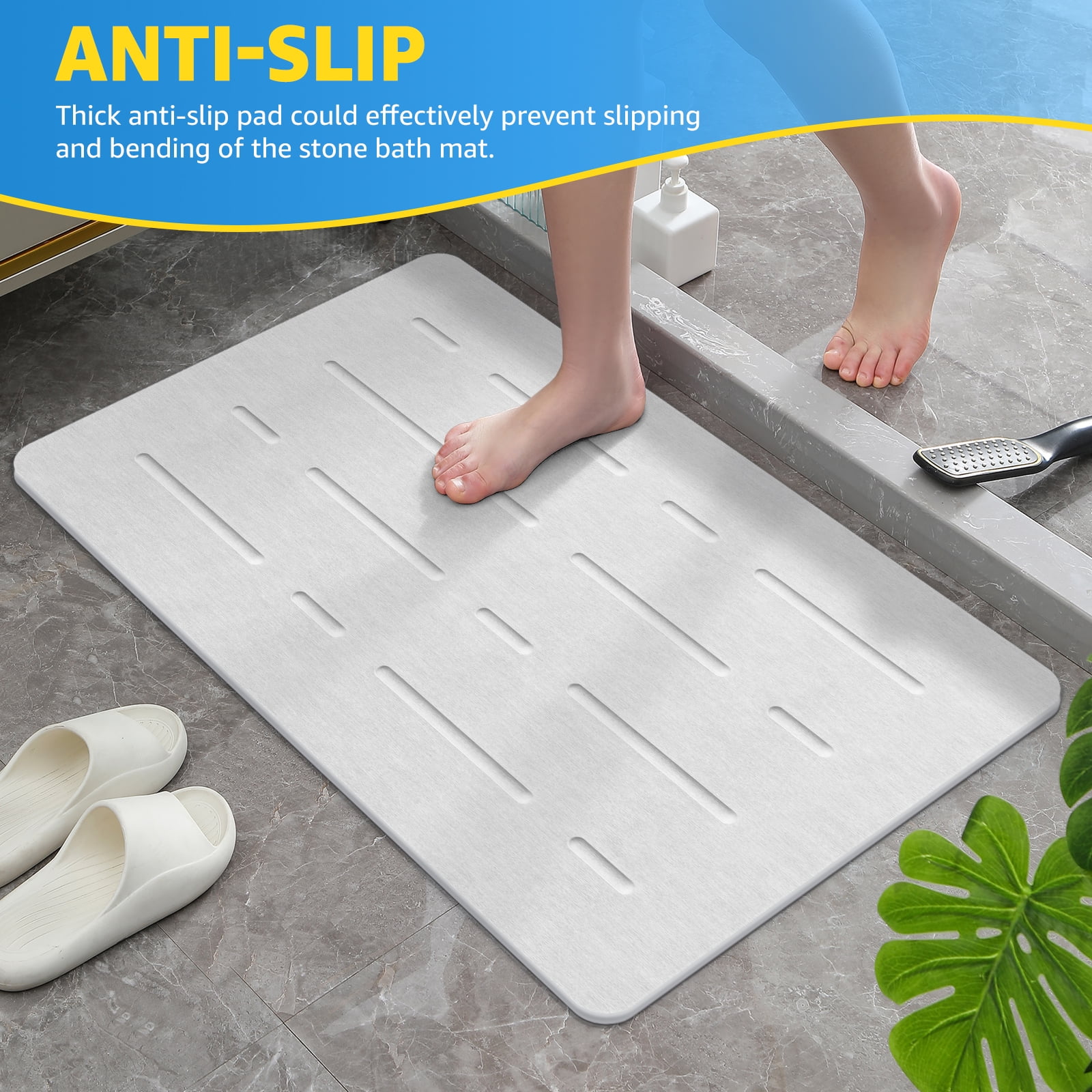 OTHWAY Large Stone Bath Mat, 32"x 20" Diatomaceous Earth Bath Mat for Bathroom, Quick Drying Long Bath Mat Stone Absorbing, Non-Slip Diatomite Hard Stone Shower Mat Instant Dry(White Grey)