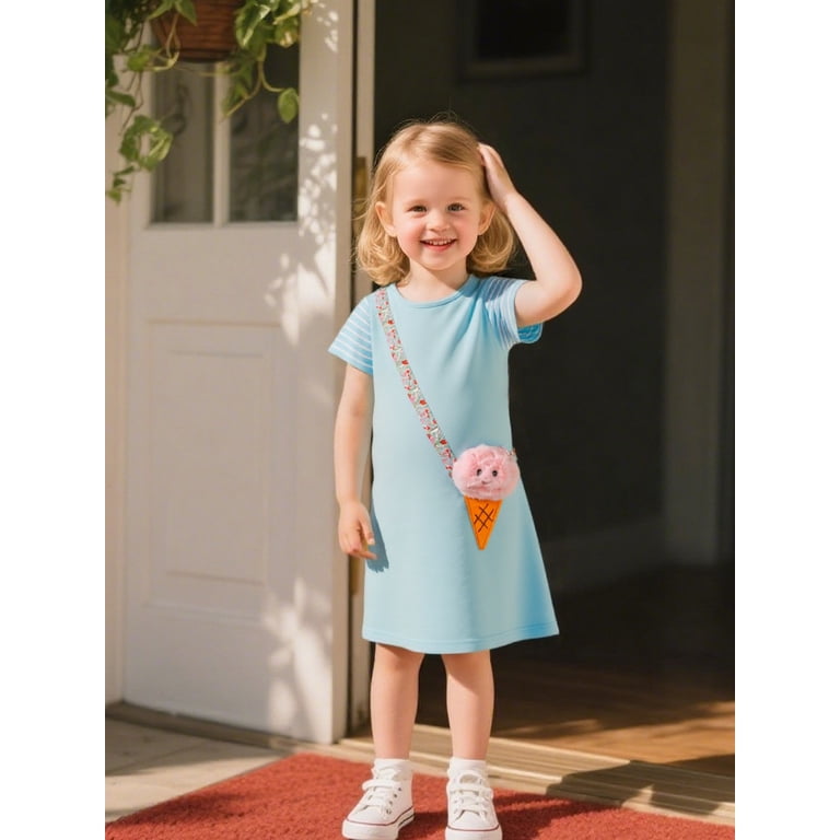 HILEELANG Toddler Girls Summer Short Sleeve Dress Cotton Casual Blue  Icecream Applique Jersey Shirt Playwear Dresses 4T - Walmart.com