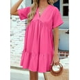 thumbnail image 4 of Summer Dresses for Women 2025 Vacation Short Sleeve V Neck Mini T Shirt Dress Pleated Ruffle Flowy Beach Rose Red S, 4 of 9