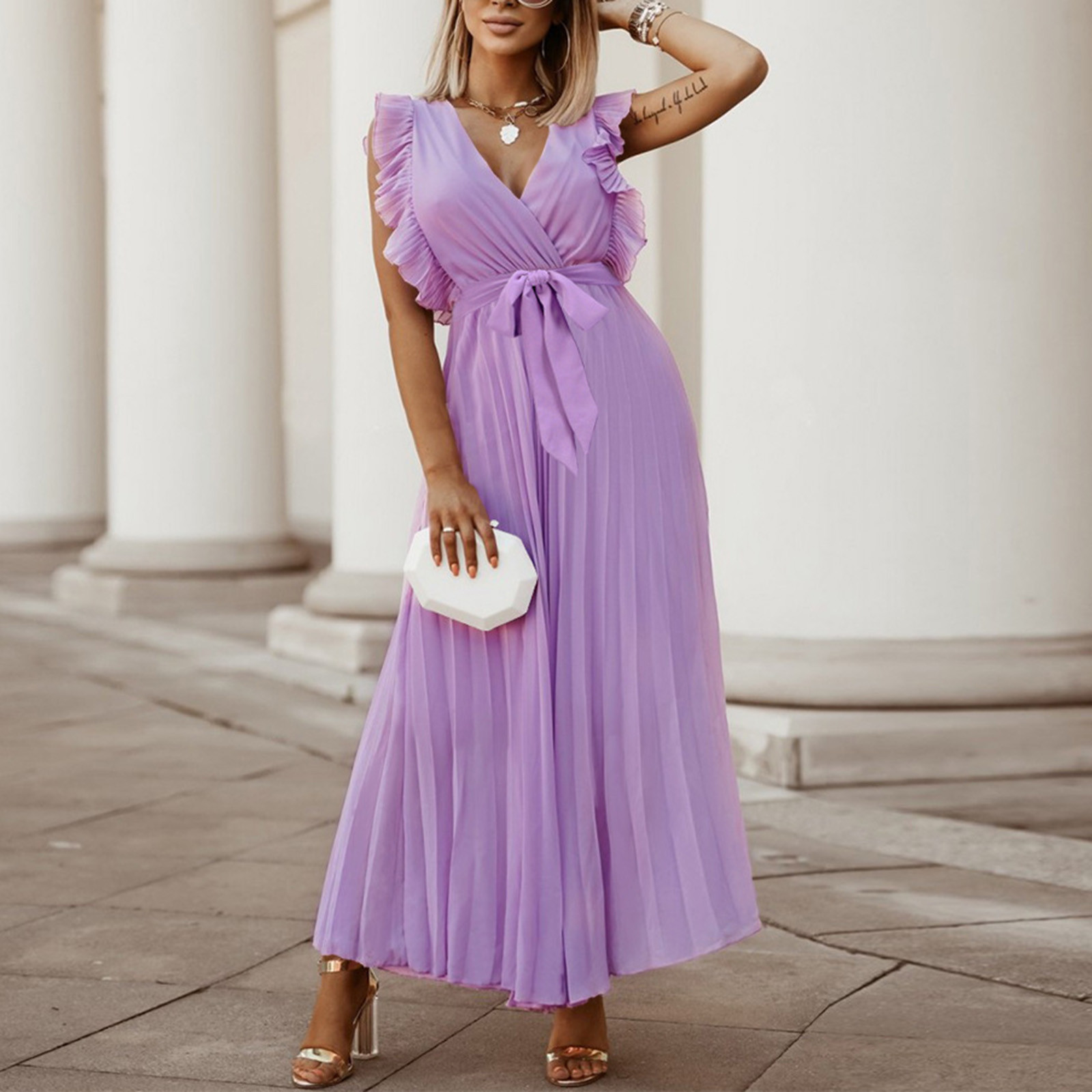 Summer Saving Wycnly Womens Dresses Wedding Guest Elegant Pleated Swing Tie  Ruffle Sleeve Maxi Dresses Solid V-Neck Sleeveless Long Summer Dress Purple  m Under $5 - Walmart.com