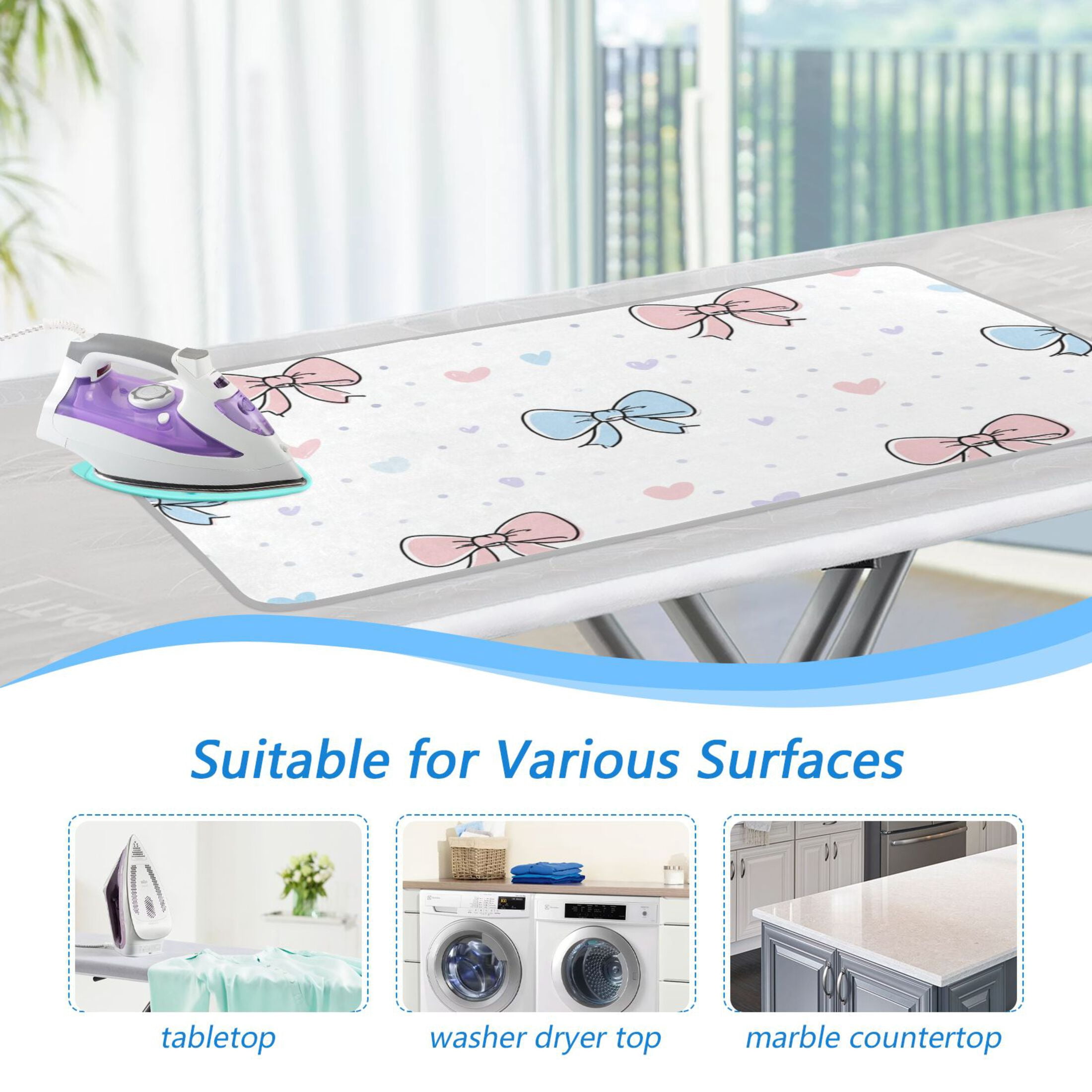 Blue Pink Bowknots Hearts Valentine Ironing Mat Blanket Portable Travel Ironing Pad Heat Resistant Pad 47.2" x 27.6”