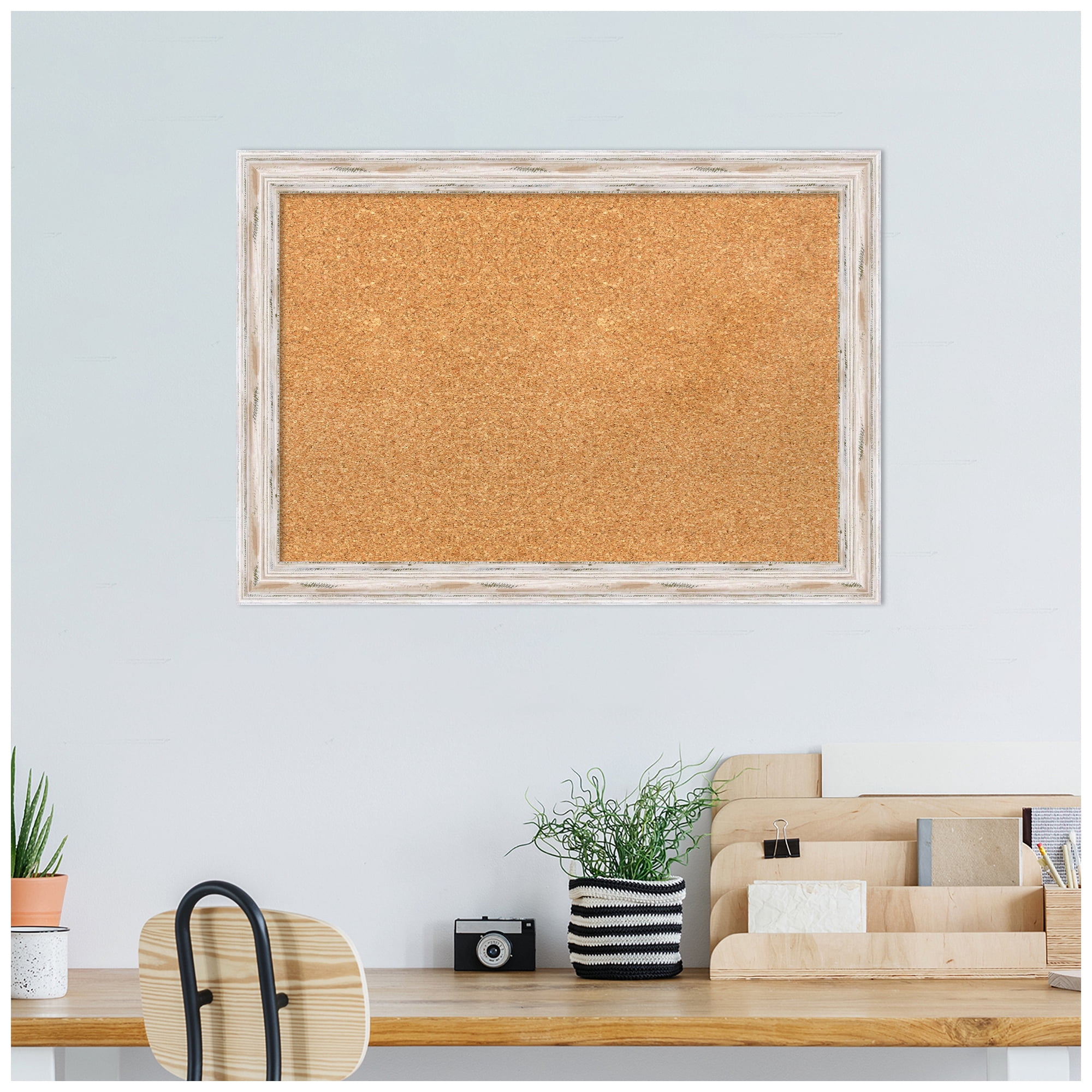 Amanti Art Natural Cork Board Wood Framed Alexandria White Wash Narrow Bulletin Board 27 in. x 19 in.
