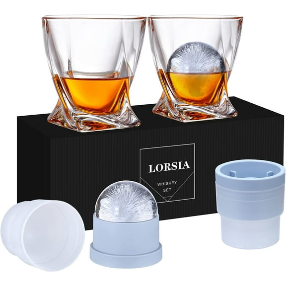 Whiskey Rocks Glass, Set of 4 (2 Crystal Bourbon Glasses, 2 Round Big Ice Ball Molds) In Gift Box - 11 Oz Old Fashioned Glasses for Scotch Cocktail Rum Cognac Vodka Liquor, Unique Gifts for Men