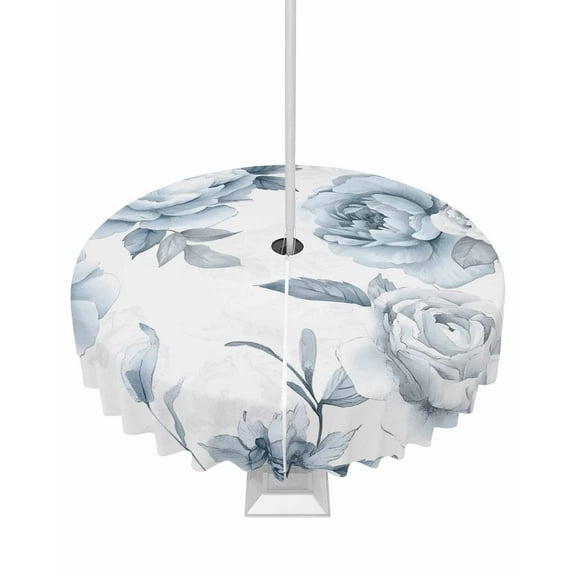 Hokiten Outdoor Tablecloths with Umbrella Hole & Zipper, Blue White Floral Round Tablecloth 54 Inch, Farmhouse Garden Flowers Botanical Waterproof Table Cloth, Patio/Pool/Picnic Table Covers