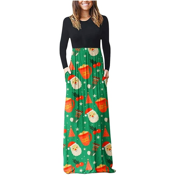 IROINNID Christmas T-Shirt Dresses for Women with Pockets Crewneck Long Sleeve Xmas Party Funny Print Long Dress,Green