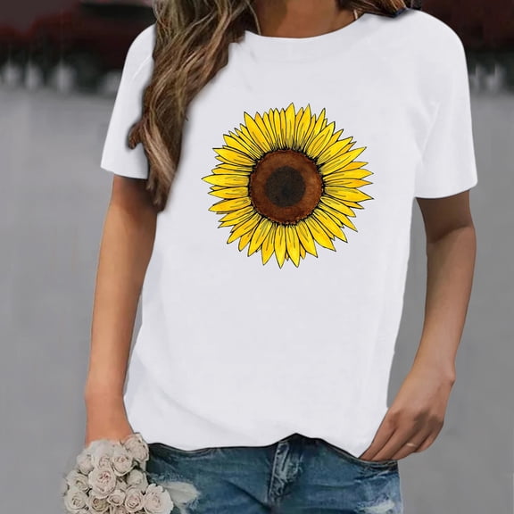 Xuyuer Women's Floral Graphic Loose Tees Sunflower Graphic Short Sleeve Boho Casual Tops Graphic Round Neck Shirt for Women Boho Wildflowers Tee Casual Cottagecore Summer T-Shirt Blouse
