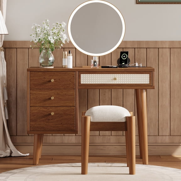 Euroco Rattan-Style Vanity Table with Stool, 4 Drawers, Charging Station & USB Ports – Makeup Dressing Table with Elegant Metal Handles, Cotton Linen Cushion & Ample Storage