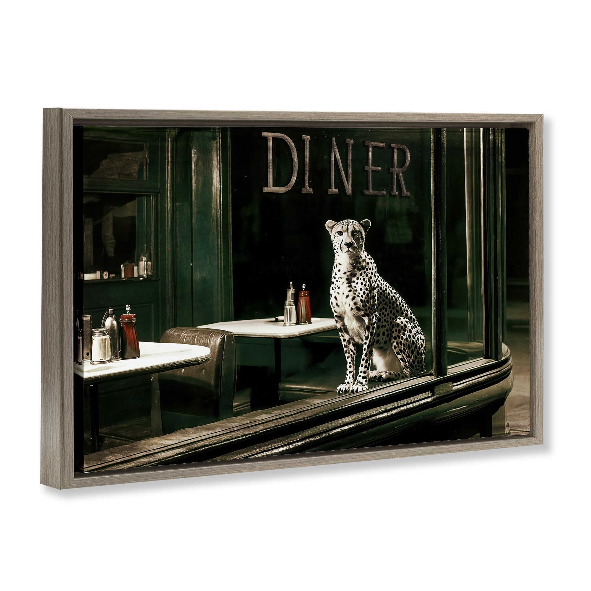Stupell Industries Diner Sentry Leopard Brown Framed Floater Canvas Wall Art, design by Annabelle Hall