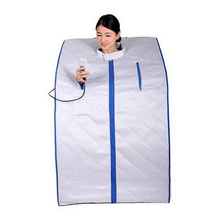 ALEKO ETL Certified Portable Home Infrared Sauna with Folding Chair and Foot Pad - Silver with Blue Trim