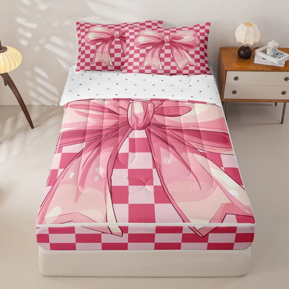 Homewish Girls Pink Bowknot Zipper Twin Comforter Sets with Fitted Sheet and 2 Pillowcases,Kids Geometric Grid Printed Zipper Bedding Set,Reversible,4-Piece