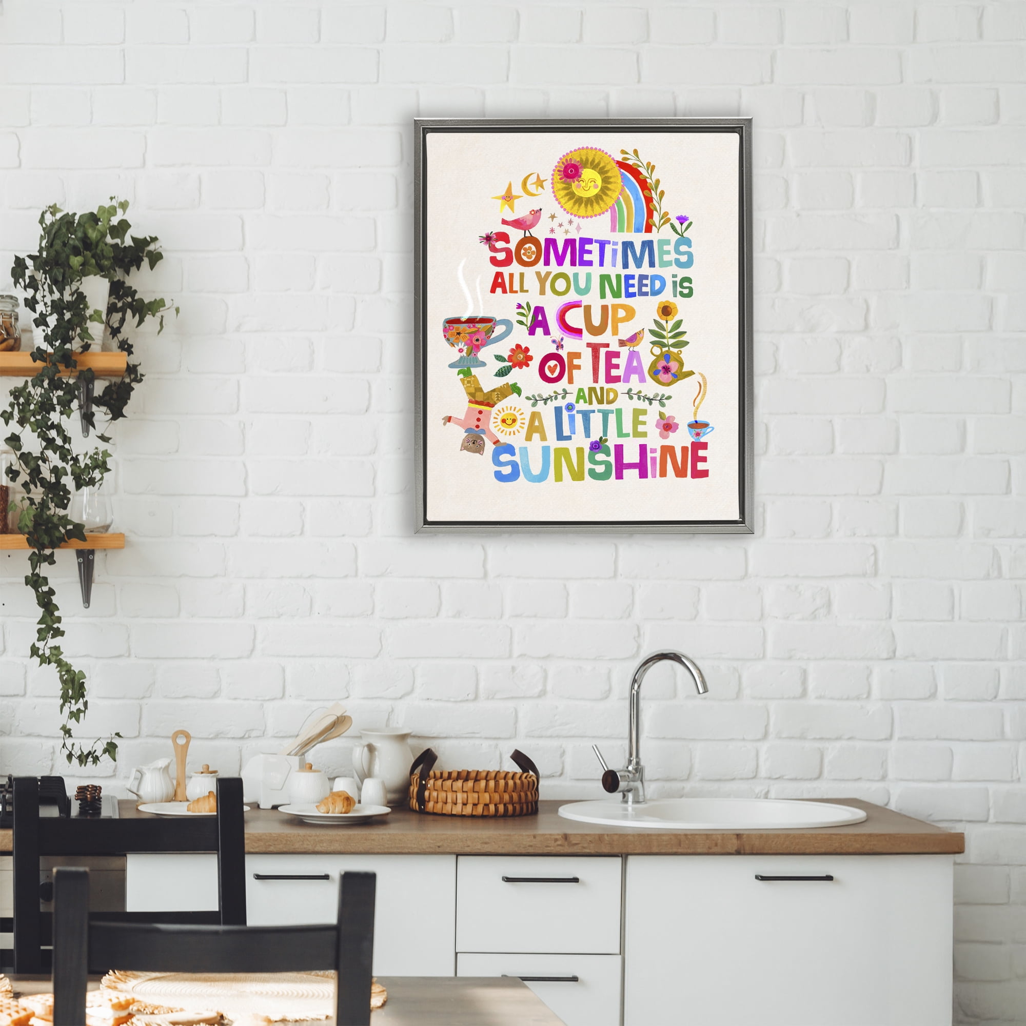 Stupell Industries Cup Of Tea & Sunshine Gray Framed Floater Canvas Wall Art, design by Katherine Herrell Studio