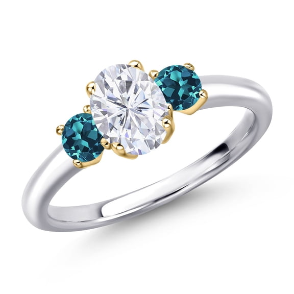 Gem Stone King 925 Silver and 10K Yellow Gold White Moissanite and London Blue Topaz Engagement Ring for Women | 1.34 Cttw | Oval 7X5MM | Gemstone Birthstone | Size 5