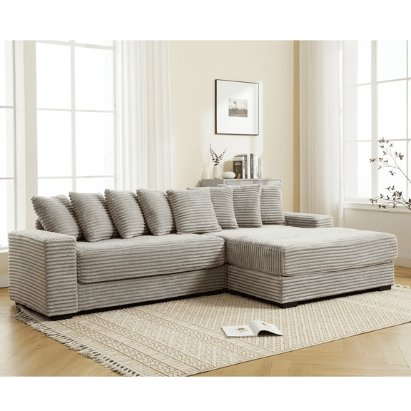 Oversized Two-Piece Couches, L Shaped Sofa, Corduroy, Right Chaise Daybed,with Armrests,Eight Throw Pillows,Corner Sofa,Easy To Assemble, Gray