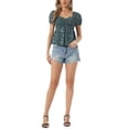 thumbnail image 2 of INSPIRE CHIC Women's Peplum Top Short Sleeves Sweetheart Neck Shirred Floral Blouse Dark Green L, 2 of 6