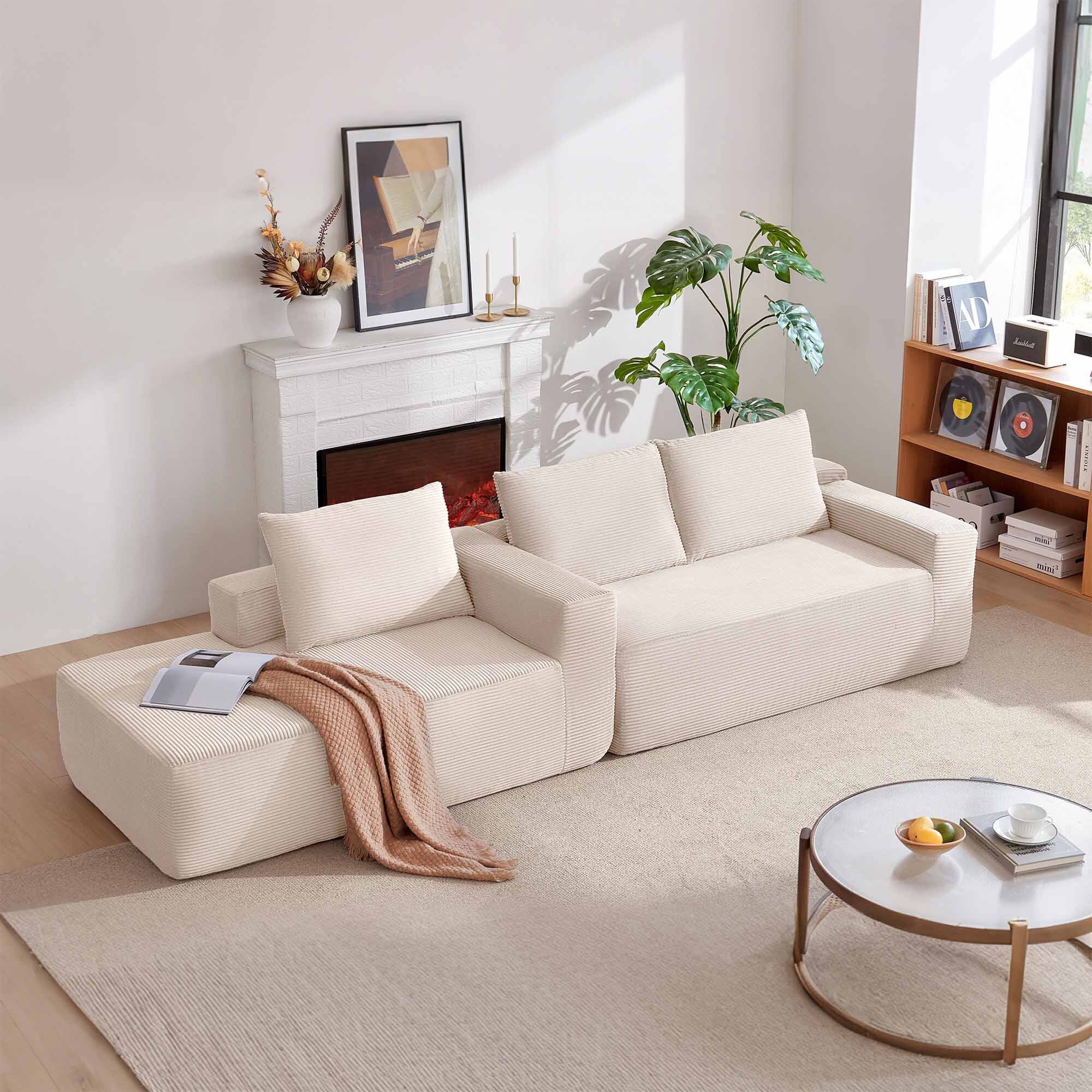 Lunale L-Shaped Modular Sectional Sofa with Movable Chaise, 3-Seater Boneless Cloud Couch for Living Room, Beige(Left Facing Chaise)