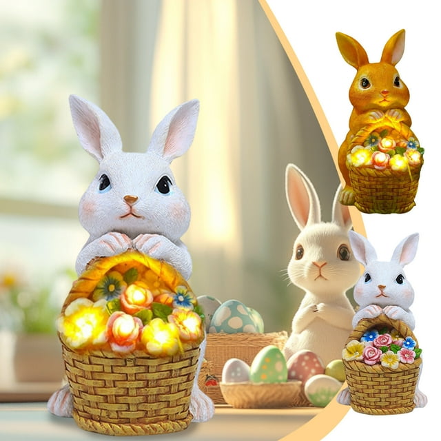 Dianli Solar Bunny Garden Ornament With Basket LED Resin Rabbit Statue Weatherproof Outdoor Yard Patio Tabletop Decor With Auto on/off Stake Light
