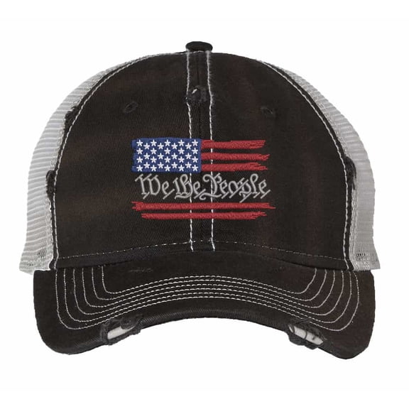 We The People Trucker Hat Distressed American Flag Mesh Cap Constitutional Patriotic (Black)