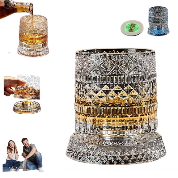 360 Degree Rotating Whiskey Glass, Spinning Crystal Bourbon Tumbler Glowing Old Fashioned Scotch Glasses Gift, Spinning Cocktail Glass with Rotating Base, Elegant Gift for Men
