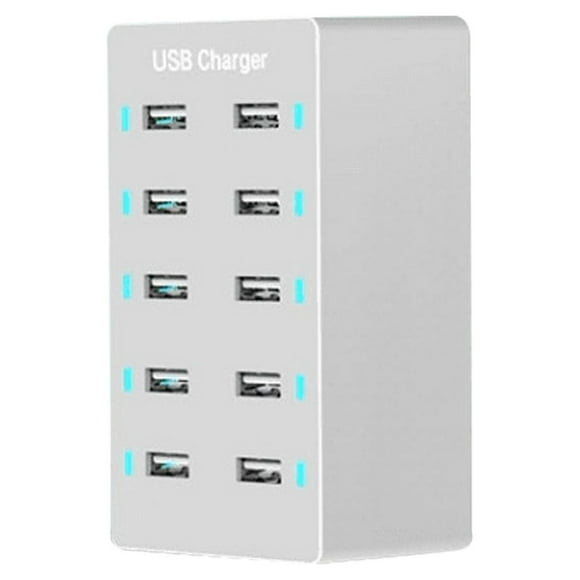 Fiudx Cargador Usb de 10 Puertos, Carga Rápida, Limitación de Corriente Inteligente, Material Abs Ignífugo, Carga Multidispositivo, Ideal para Oficina En Casa, Diseño Compacto y Eficiente.