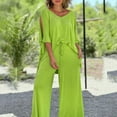 thumbnail image 4 of Women's 2 Piece Summer Set - Tie Waist V-Neck Cap Sleeve Top & Wide Leg Pants, Breathable Outfit, 4 of 7