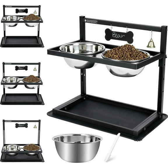 Elevated/Raised Dog Bowls Stand Adjusable Height with Two 1.7L Stainless Steel Food Bowls and Spill Proof Mat, for Large and Medium Dogs.
