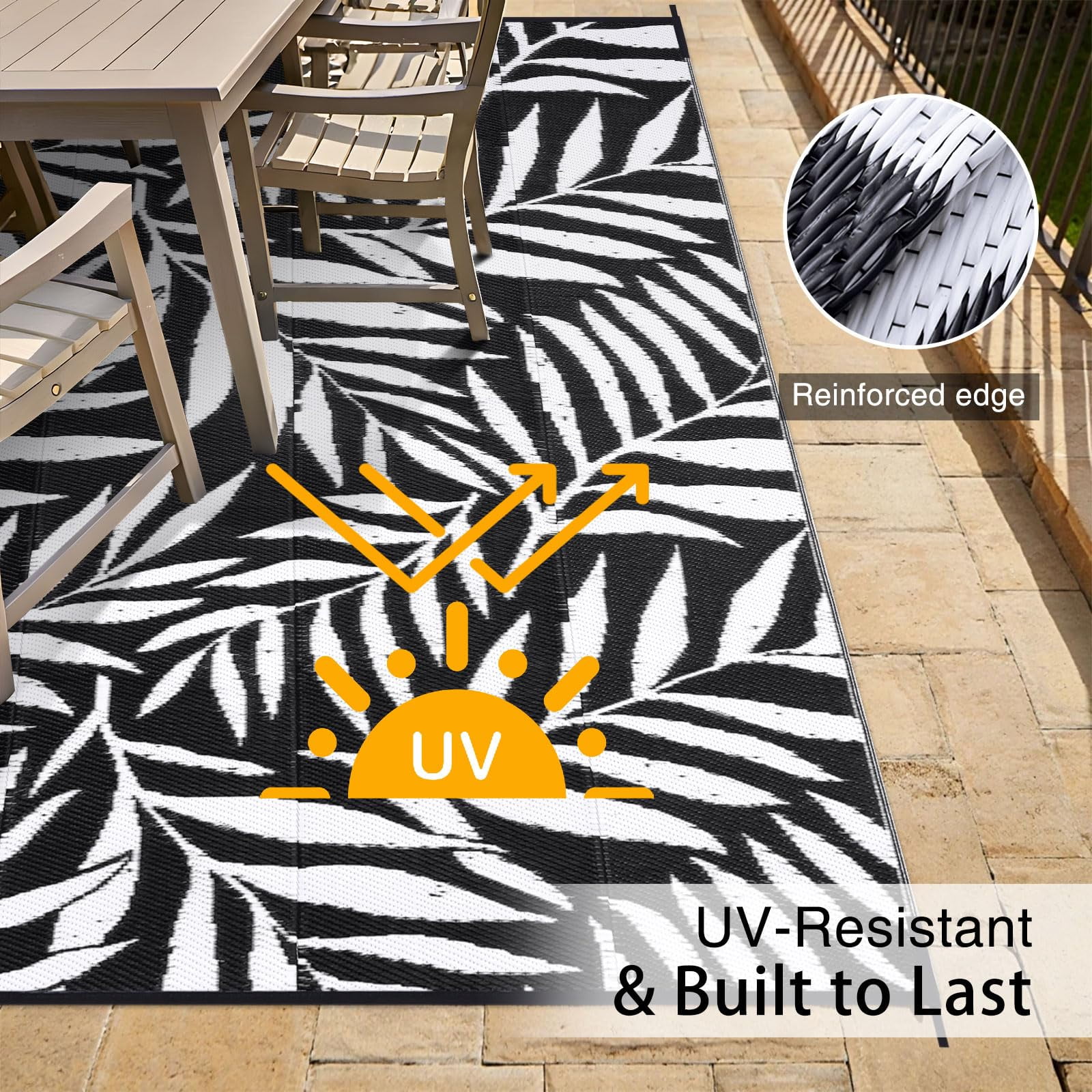 Smiry Outdoor Rugs 8x10, Waterproof Plastic Straw Indoor Outdoor Mat for Patio, RV Camping, Deck,Porch, Black & White