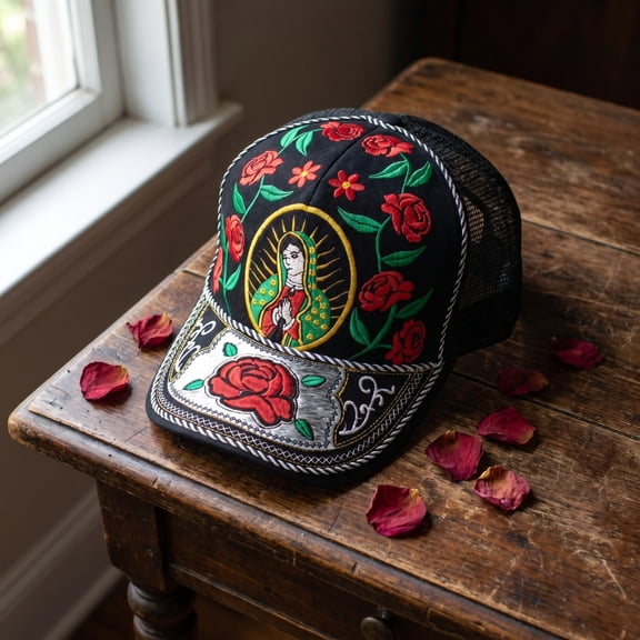 Our Lady of Guadalupe Trucker Hat, Western Religious Graphic Mesh Back Cap, Adjustable Snapback Vintage Baseball Cap, Sun Hat for Men Women Streetwear