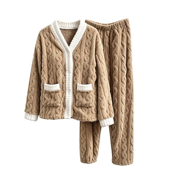 Nooxsoe Womens Fuzzy Pajama Sets Winter Warm Loungewear 2 Piece Sets Soft Sleepwear Sets Crewneck Thick Warm Loose Fit Fluffy Pajamas Pj Sets For Woman Khaki One Size