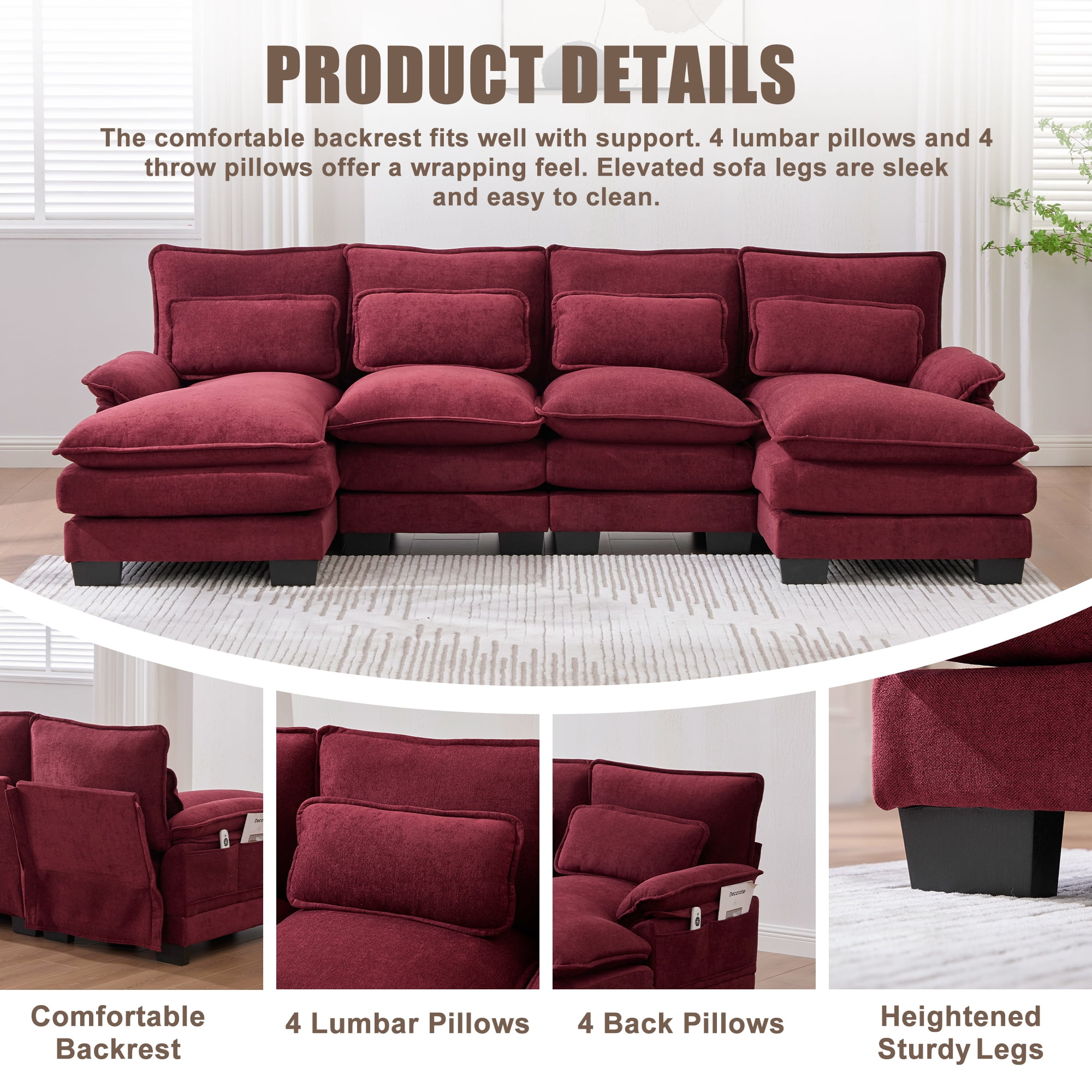 MOONMISS Chenille Upholstered U-Shaped Modular Wood Frame Sleeper Sectional Sofa with Double Chaise-Claret Red