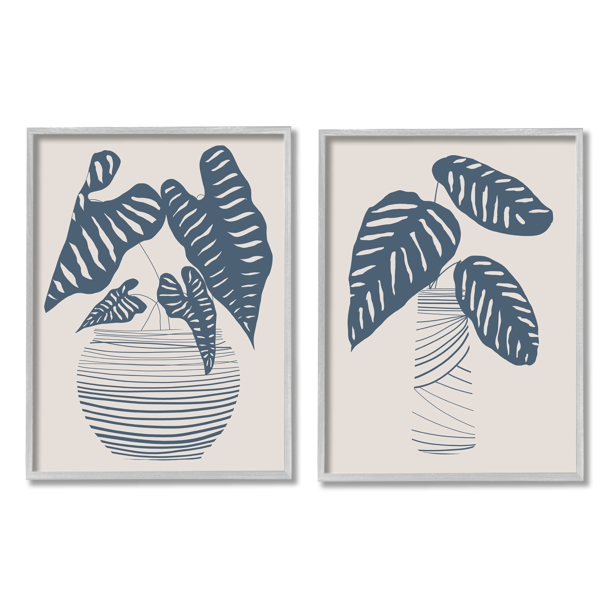 Stupell Industries Neat Potted Plant Leaves Minimal Striped Vases Graphic Art Gray Framed Art Print Wall Art, Set of 2, Design by Daniela Santiago