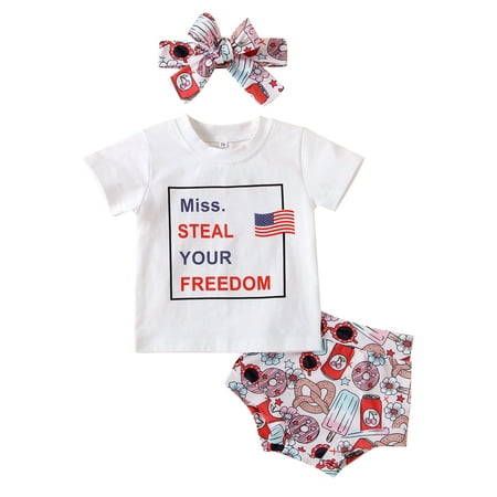 

GXFC Infant Baby Girl 4th of July Clothes Newborn Girls Independence Day Babysuit Summer Letter Flag Print Short Sleeve T-Shirts+Shorts+Headband Set 3pcs 0-18M