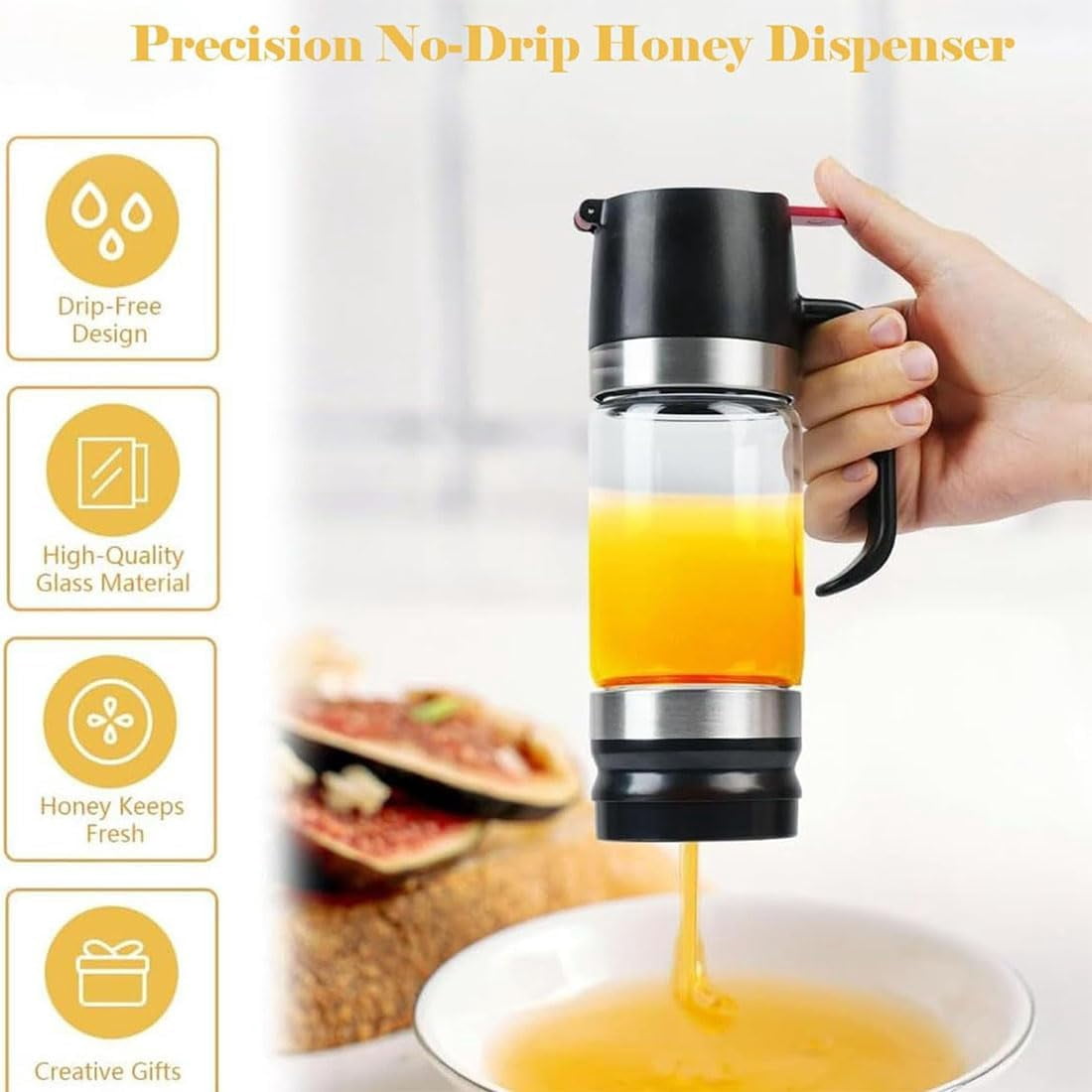 2026 Boutique Kitchen Tool - No-Drip Honey Dispenser, Glass Honey Dispenser with Stand No Drip, Press Type Drip Dispenser for Honey, Coffee Syrup, Chocolate Sauce (2pcMix,12)