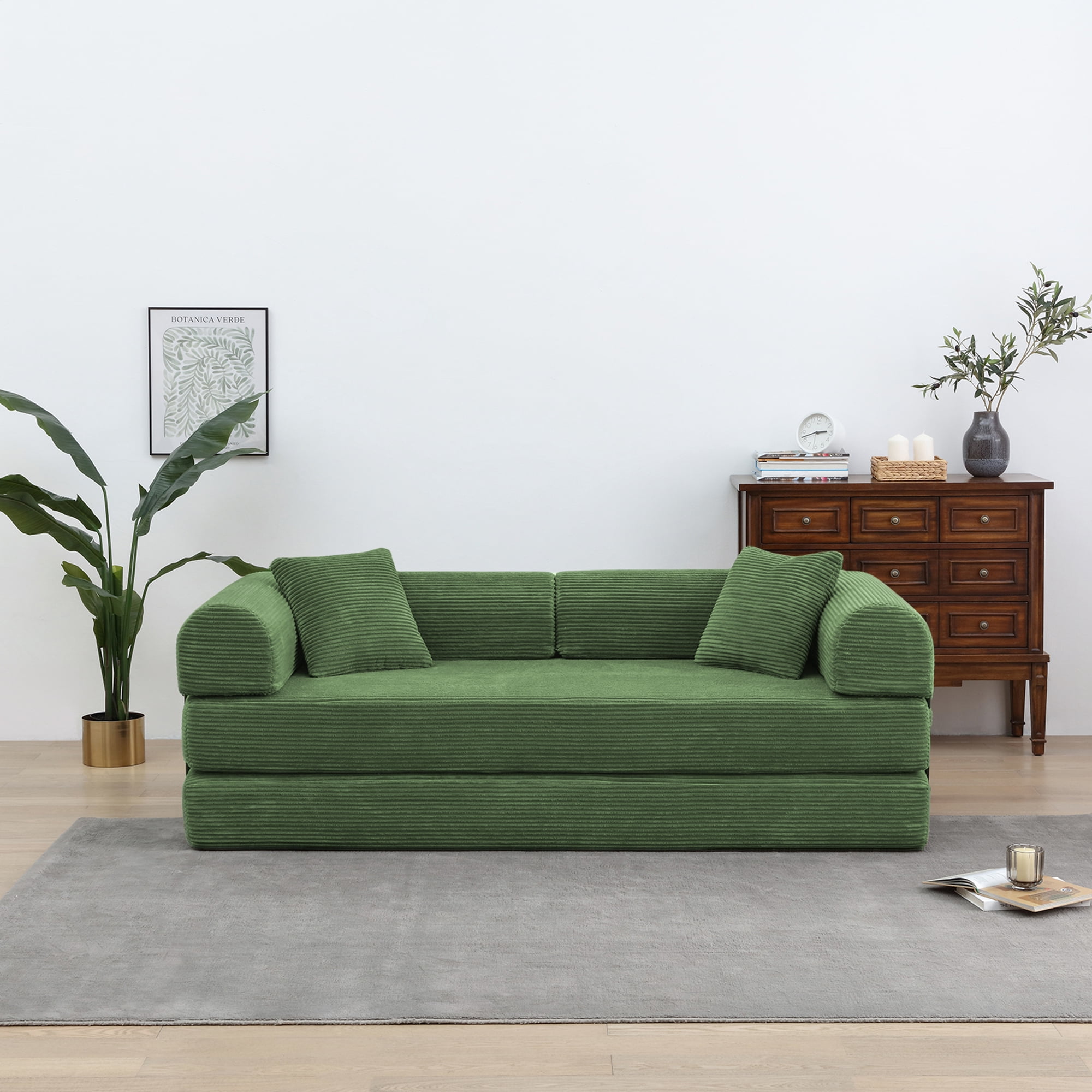 Miniyam Convertible Sleeper Sofa Bed with Cylindrical Pillow - Corduroy Folding Mattress Couch with Fixed-Shape Frame for Living Room, Bedroom, Lounge, Studio - Olive Green
