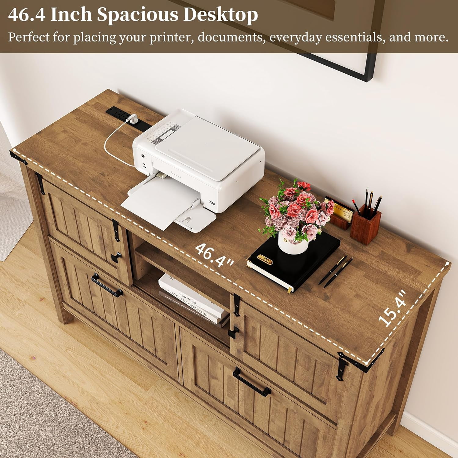 FIAKOA Farmhouse 2-Drawer Lateral File Cabinet, Filing Cabinet with Sliding Doors & Charge Station, Printer Stand Cabinets for Home Office, Brown