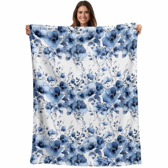 Blue Floral Blanket Soft Cozy Warm Throw Blanket for Couch, Plush Fuzzy Flannel Fleece Blankets for Sofa, Vintage Farmhouse Garden Flower Leaves Bed Blankets Lightweight Gifts for Women, 50"x80"